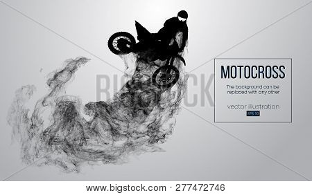 Abstract Silhouette Of A Motocross Rider On White Background From Particles, Dust, Smoke, Steam. Mot