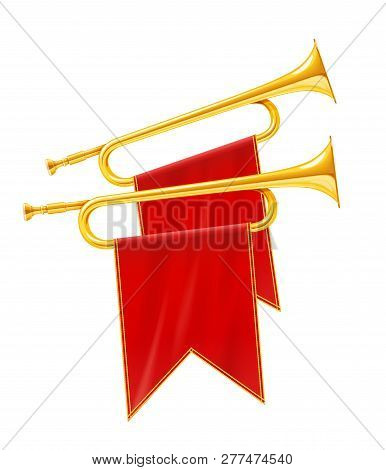 Gold And Silver Horn Trumpet Musical Instrument. Golden Royal Fanfare For Play Music. Isolated White