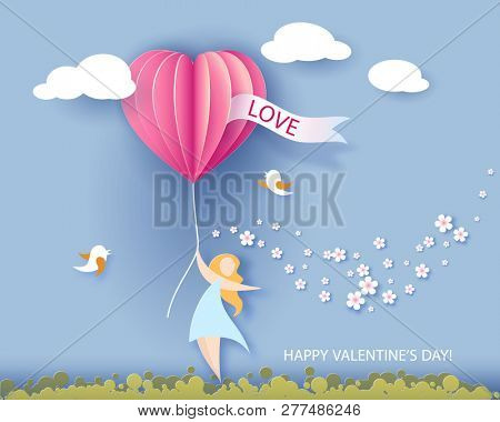 Card for Valentines day. Abstract background with text and flowers .Paper cut and craft style illustration.