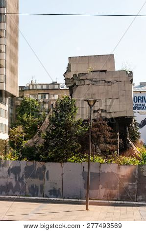 View From Autobus Window On Destroyed Part Of Downtown Building In Belgrade After Airstrikes In Civi