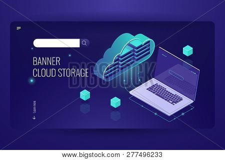 Cloud Database Computing, Isometric Icon Of Data Transfer From Cloud Stock, Laptop, Remote Data Proc