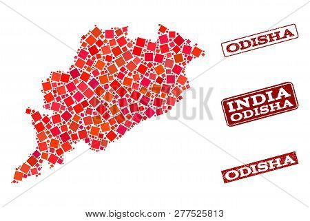 Geographic Combination Of Dot Mosaic Map Of Odisha State And Red Rectangle Grunge Seal Stamp Waterma
