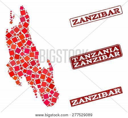 Geographic Combination Of Dot Mosaic Map Of Zanzibar Island And Red Rectangle Grunge Seal Stamp Impr