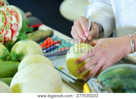 Thai Fruit Carving With Hand, Vegetable And Fruit Carving