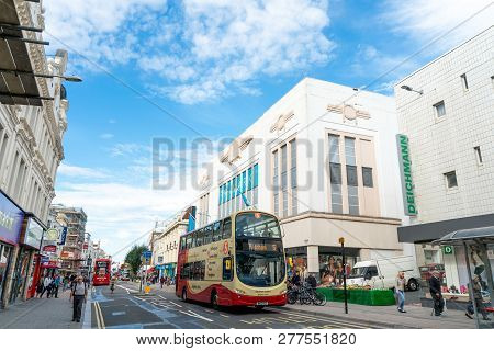Brighton, England-1 October,2018: Bus Stop With Digital Data Board Information Sign For Passenger Wi