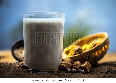 Close Up Of Popular Indian And Asian Winter Drink On Brown Colroed Gunny Bag's Surface I.e. Kharek K