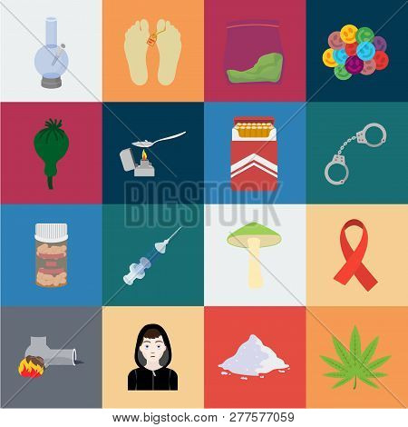 Drug Addiction And Attributes Cartoon Icons In Set Collection For Design. Addict And Drug Vector Sym