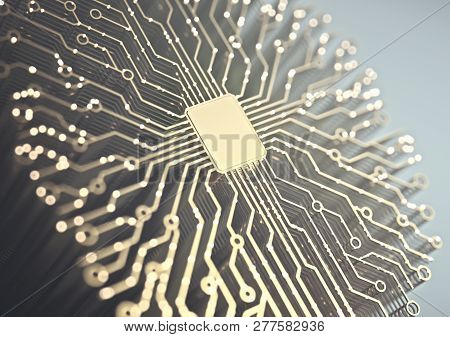 Artificial Intelligence. Microchip And Brain Shaped Connections. Electric Pulses, Binary Codes, Brai