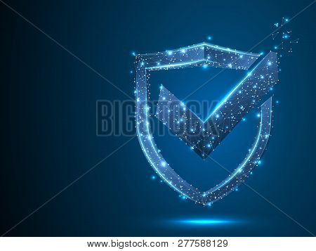 Shield With Check Mark. Network Security, Safety, Privacy Concept. Neon Shield Protection Abstract L
