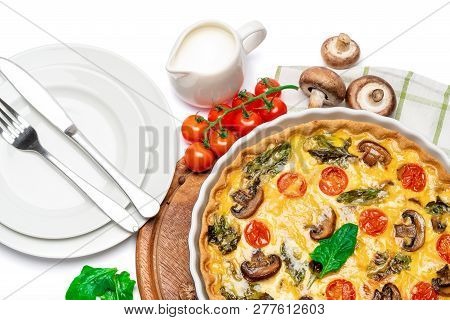 Baked Homemade Quiche Pie In Ceramic Baking Form