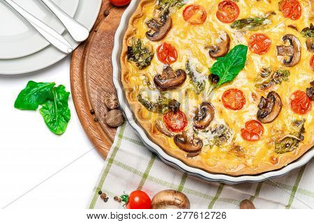 Baked Homemade Quiche Pie In Ceramic Baking Form