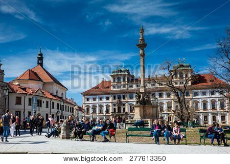 Prague, Czech Republic - April, 2018: Hradcany Square Located At The Lesser Quarter Of Prague In A B