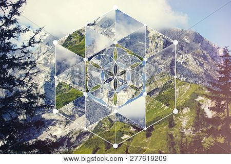 Abstract Background With The Image Of The Mountain Landscape And The Sacred Geometry Symbol. Harmony
