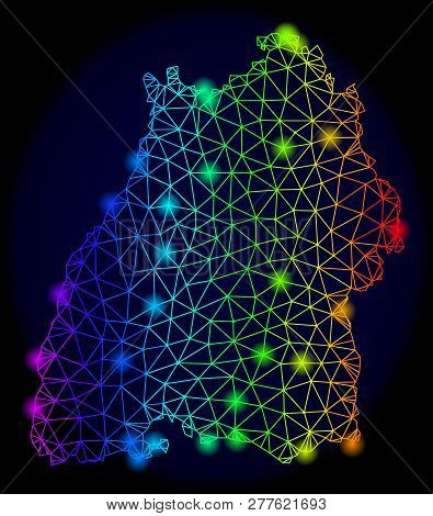 Bright Rainbow Mesh Vector Map Of Baden-wurttemberg State With Glare Effect. Abstract Lines, Triangl