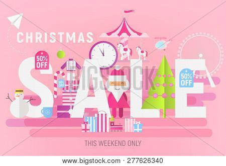 Modern Flat Design Concept Of Christmas Big Sale - Storefront Of Xmas Shop On Pink Background With S