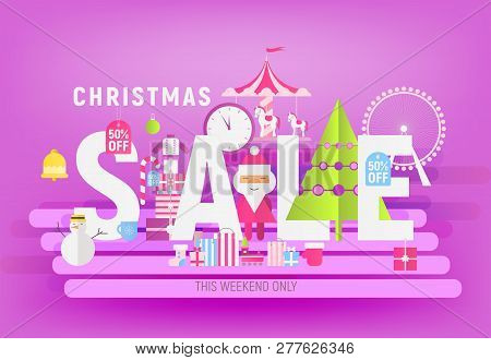 Modern Flat Design Concept Of Christmas Big Sale - Storefront Of Xmas Shop On Violet Background With