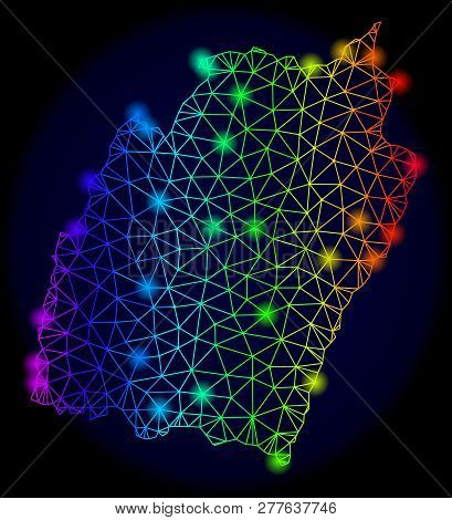 Glossy Rainbow Mesh Vector Map Of Manipur State With Glare Effect. Abstract Lines, Triangles, Glare 