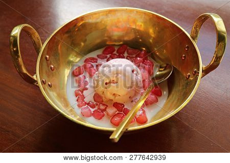 Thai Dessert Called Tub Tim Grob Or Mock Pomegranate In Coconut Milk Served With Ice Cream In Gold B
