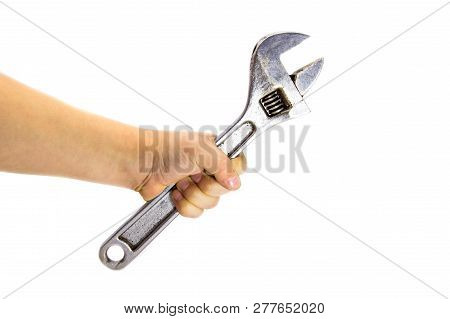Mechanic Hand Hold Spanner Tool In Hand Isolated On White