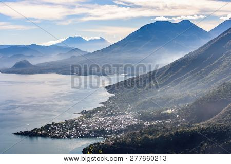 View Of Lake Atitlan, 5 Volcanoes & San Pedro La Laguna In Early Morning. View From Indian Nose, San