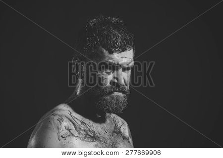 Magic, Enchantment, Witchcraft. Hipster With Beard, Mustache On Serious Dirty Face. Bearded Man With
