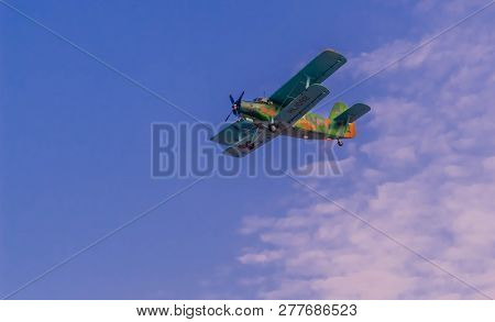 Chungju, South Korea, January 04, 2019: Rok Military Biplane Training Aircraft Flying Over Overhead 
