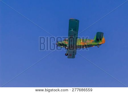 Chungju, South Korea, February 22, 2018: Rok Military Biplane Training Aircraft Flying Over Overhead