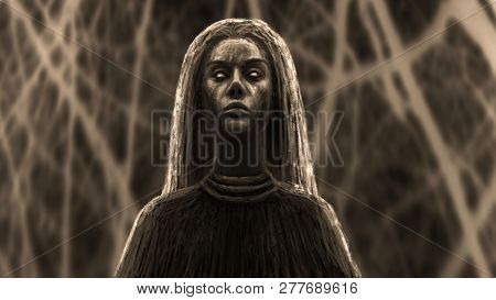 Black Shaman Woman. Fantasy Illustration. Background Abstraction With Tree Branches.