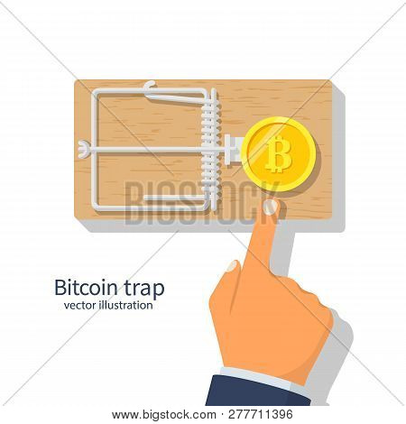 Coin Bitcoin In A Mousetrap. Money Trap Crypto Currency.  Blockchain Cryptocurrency. Mousetrap With 