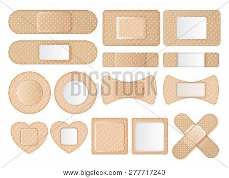 Graphic Set Of Band-aids In Different Shapes And Forms On White Background