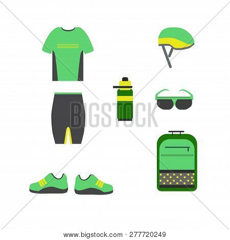 Cycling Accessories. Set Of Colored Icons With Biker Uniform Ele
