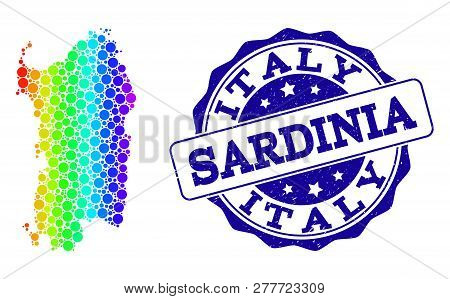Dot Spectrum Map Of Sardinia Region And Blue Grunge Round Stamp Seal. Vector Geographic Map In Brigh