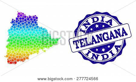 Dotted Spectrum Map Of Telangana State And Blue Grunge Round Stamp Seal. Vector Geographic Map In Br