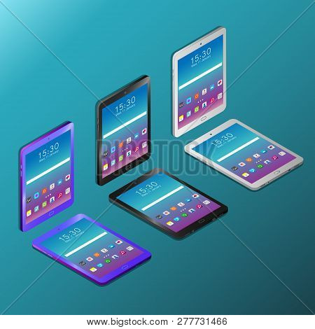 Colored Realistic Digital Tablets With Working Screens In Isometry