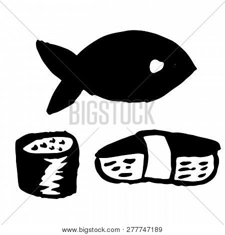 Hand Drawn Grunge Ink Brush Susi. Japanese Kitchen Modern Vector Illustration.