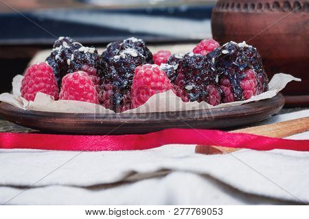 Raw Raspberry In Chocolate. Useful Vegan Dessert