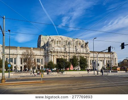 Milan, Italy - December 30, 2018. Main Facade Of The Milano Centrale Train Station On Piazza Duca Di