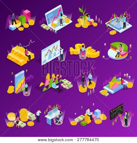 Stock Exchange Isometric Icon Set With Different Graphs Charts Finance Elements Technology In Commer
