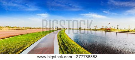 Panoramic View Of  Love Lakes Dubai. The Vibrant Looking Dubai Love Lakes With Uae National Flag. A 