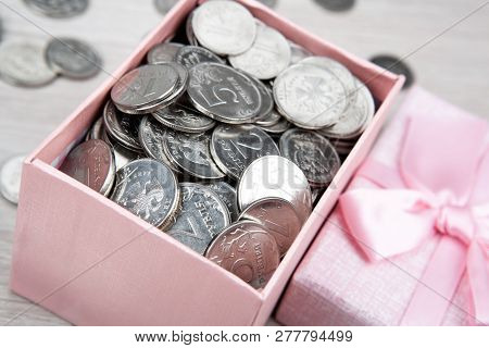 Open Pink Gift Box With Russian Ruble Coins Close Up