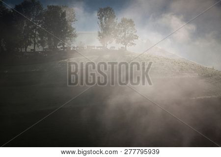 foggy summer landscape in the mountains, Salciua, Romania