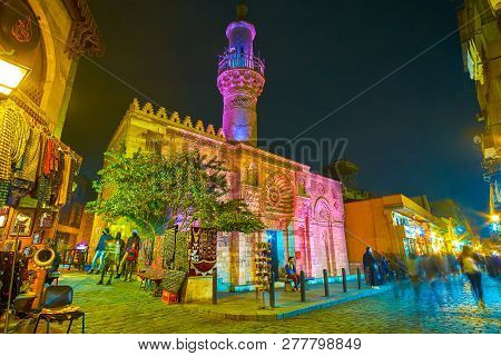 Cairo, Egypt - December 20, 2017: The Al Aqmar Mosque With Beautiful Night Illumination Located On T