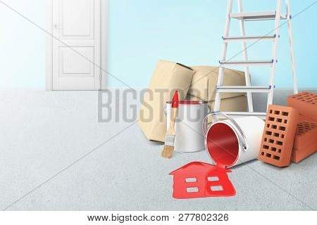 3d Rendering Of Ladder, Paper Bundles, Bricks And Buckets Of Red Paint, One Bucket Lying Sidelong Wi