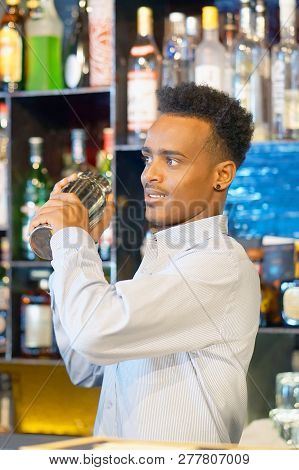 Professional Bartender Male Holding In Hands A Shaker With A Fresh Delicious Cocktail. Bartender Sha