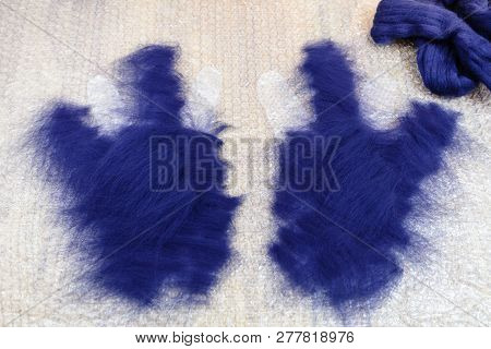 Workshop Of Hand Making A Fleece Gloves From Blue Merino Sheep Wool Using Wet Felting Process - Cutt