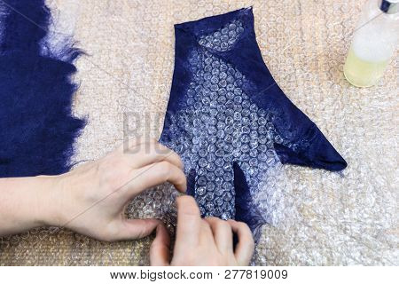 Workshop Of Hand Making A Fleece Gloves From Blue Merino Sheep Wool Using Wet Felting Process - Craf