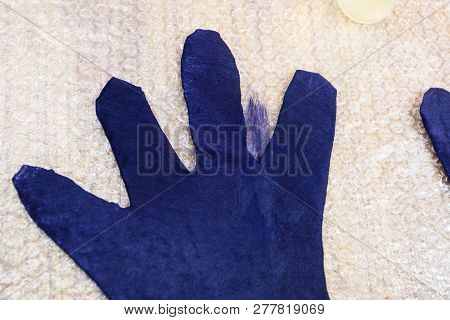 Workshop Of Hand Making A Fleece Gloves From Blue Merino Sheep Wool Using Wet Felting Process - Addi