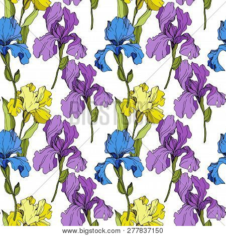 Vector Iris Floral Botanical Flower. Seamless Background Pattern. Fabric Wallpaper Print Texture.