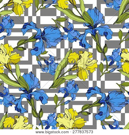 Vector Iris Floral Botanical Flower. Seamless Background Pattern. Fabric Wallpaper Print Texture.