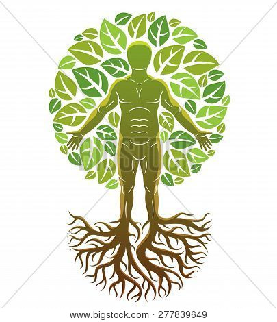 Vector Illustration Of Human, Athlete Created As Continuation Of Tree With Strong Roots And Surround